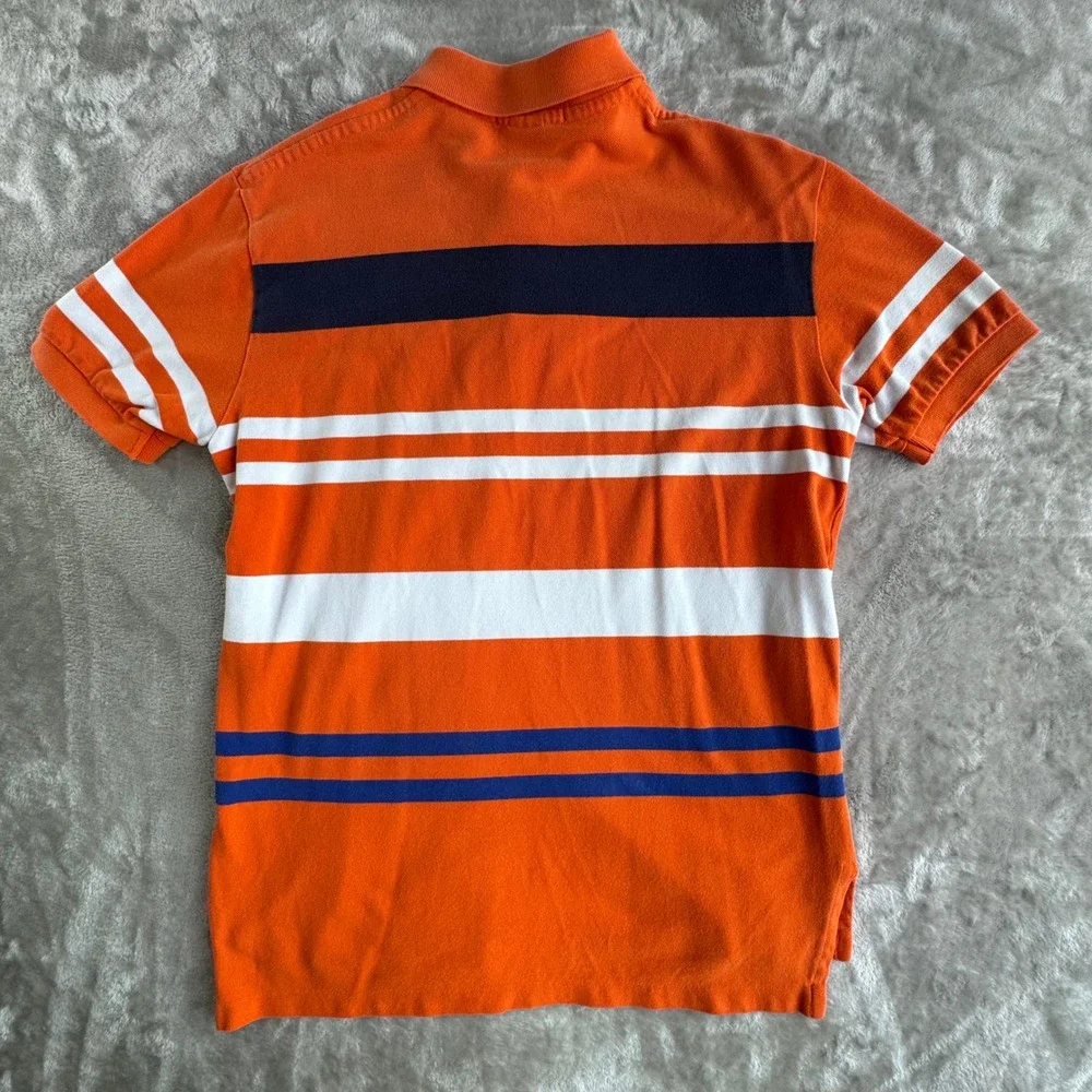 Polo Ralph Lauren Polo Shirt Mens M Orange Navy White Striped Preppy Pique Top